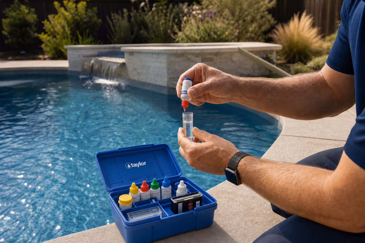 Representative view of a pool technician testing residential pool water