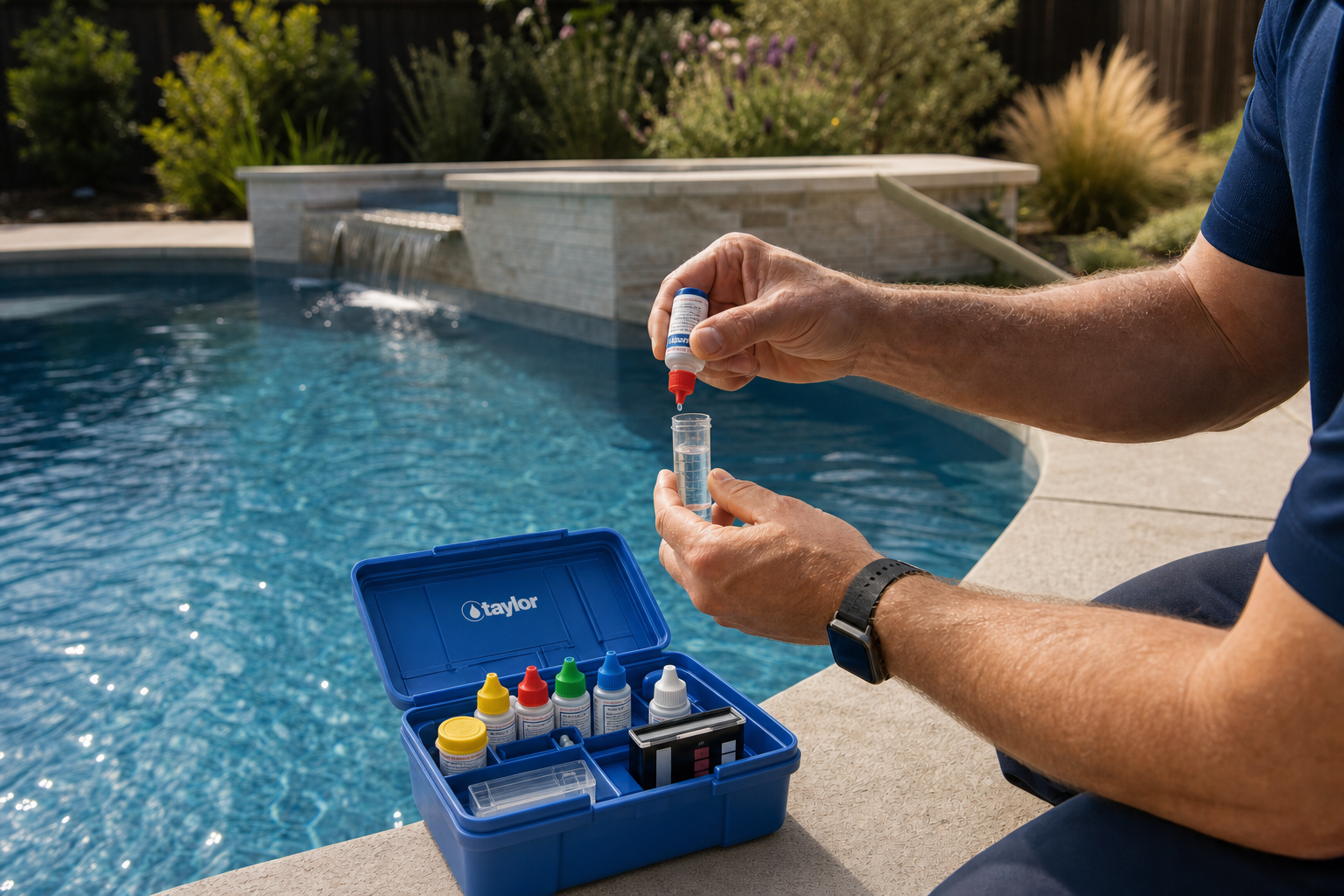 Representative view of a pool technician testing residential pool water